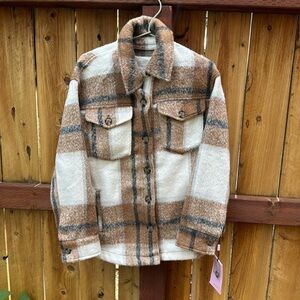 AVEC LES FILLES Shacket Shirt Jacket Women Plaid Cognac Button Front Closure NWT